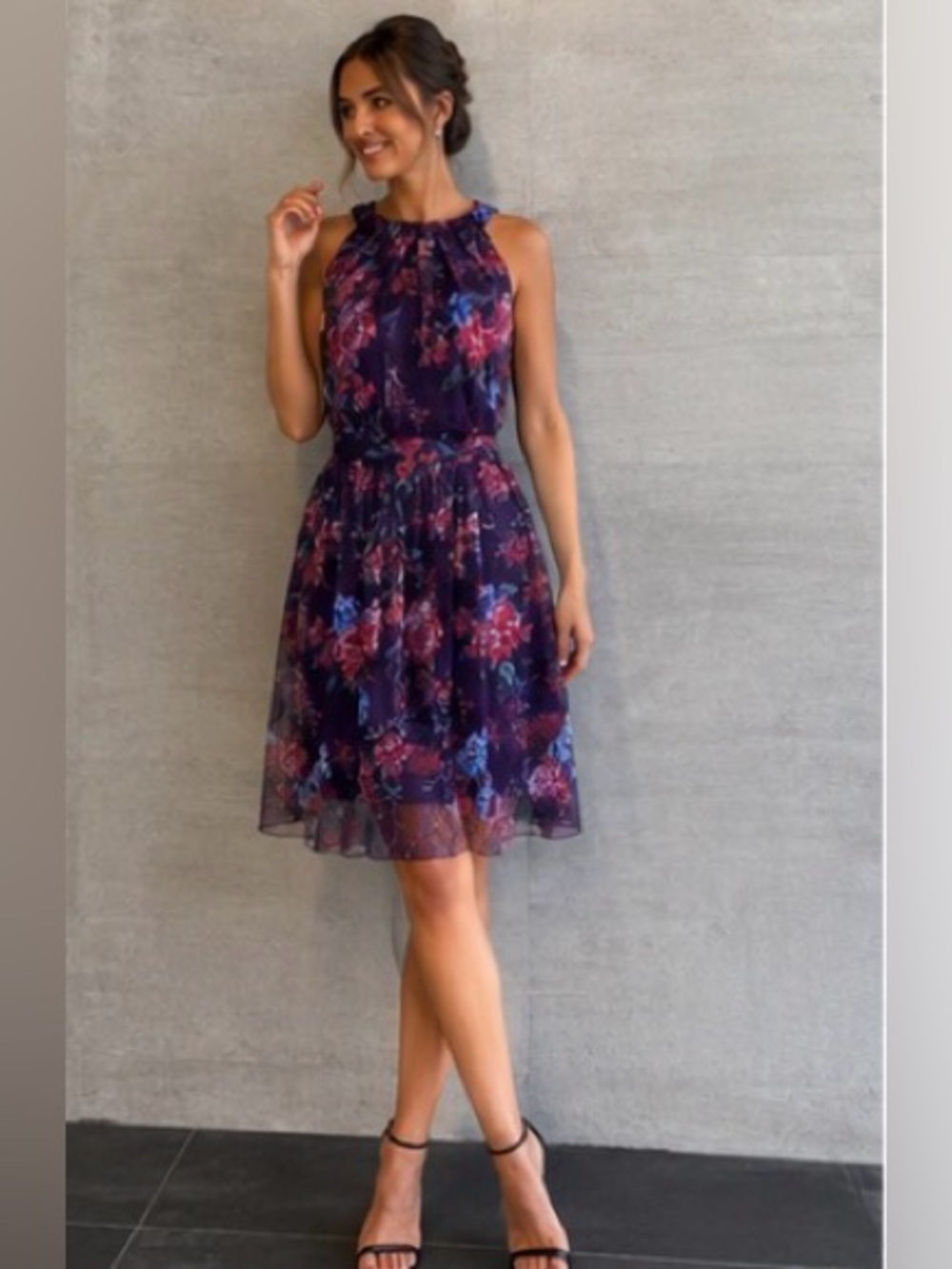 CANDALITE PETITE FLORAL HALTER MESH DRESS